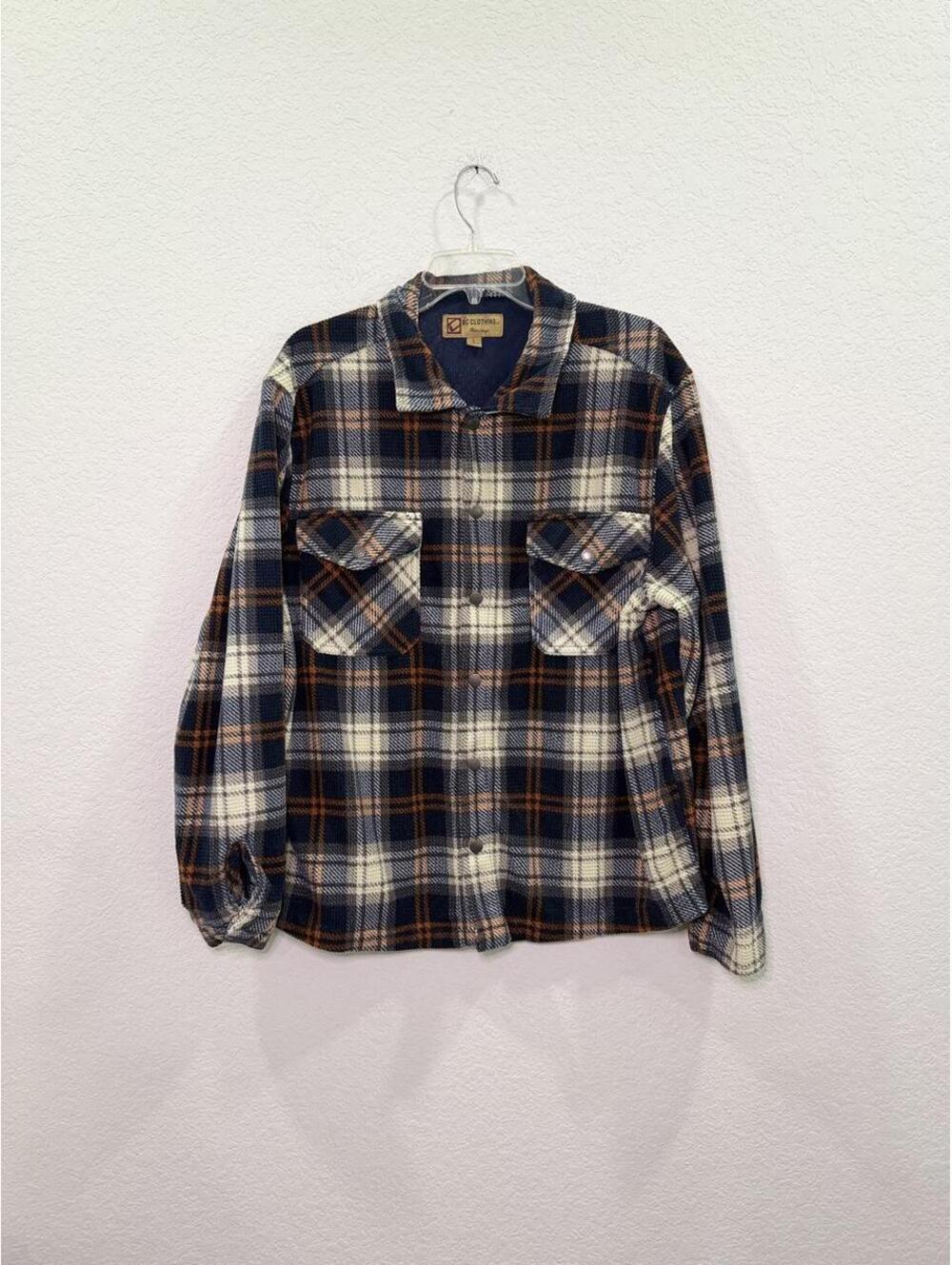 BC Clothing Blue, White, and Brown Plaid Flannel Shirt/Jacket